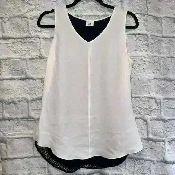 CAbi Women's Domino Mesh Layered Sleeveless Blouse White Black Style#3076 Small - Picture 2 of 5